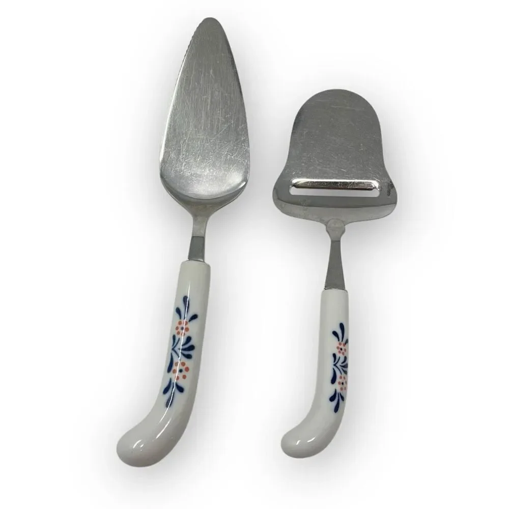 Lord & Taylor Blue White Stainless Steel Ceramic Cheese Slicer & Cake Server